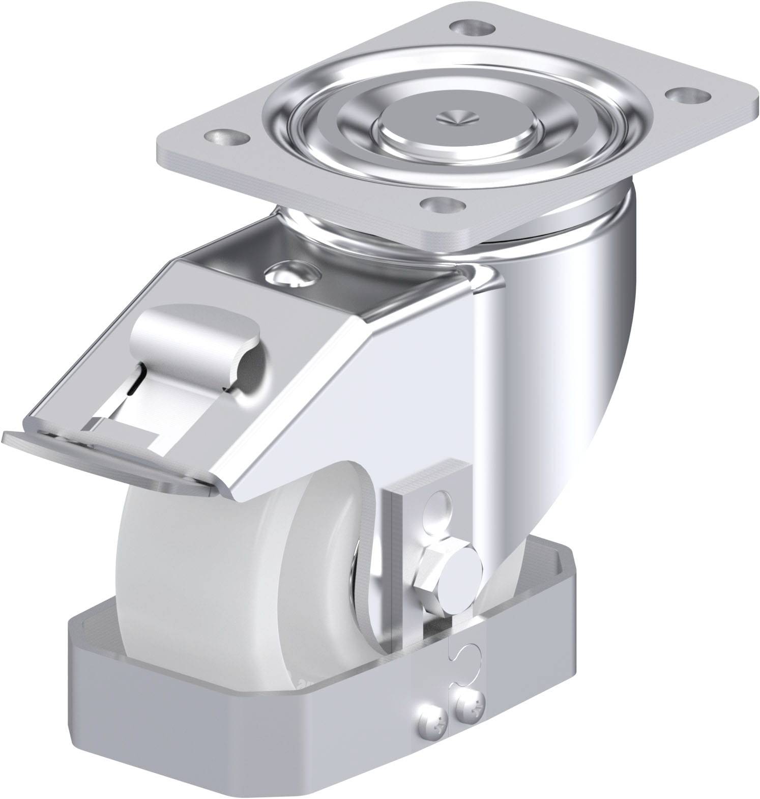 Metallisches drehbares Kugellager mit Befestigungsplatte und weißem Kunststoffrad, geeignet für Möbel oder Industriewerkzeuge.