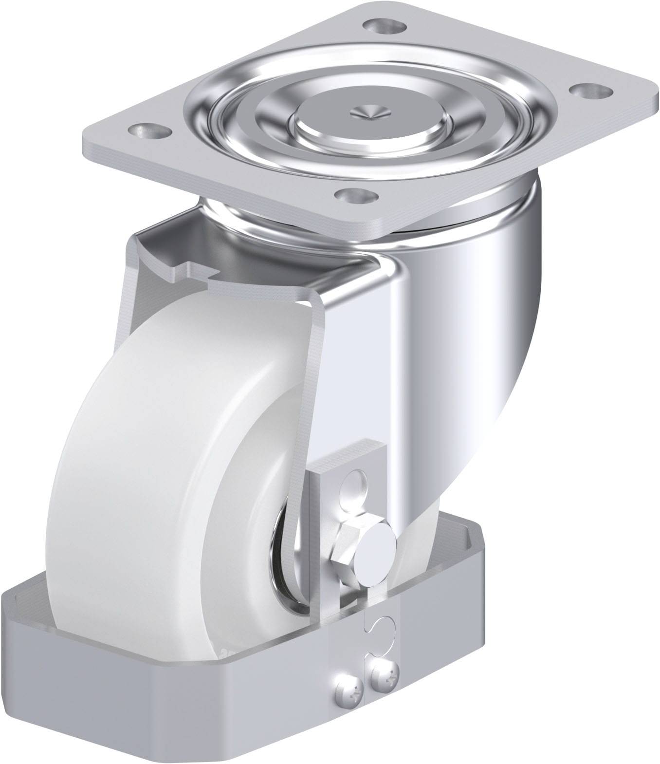 Ein drehbares Laufrollenrad aus Metall und Kunststoff, typisch für Möbel oder Geräte, mit einer Befestigungsplatte oben.