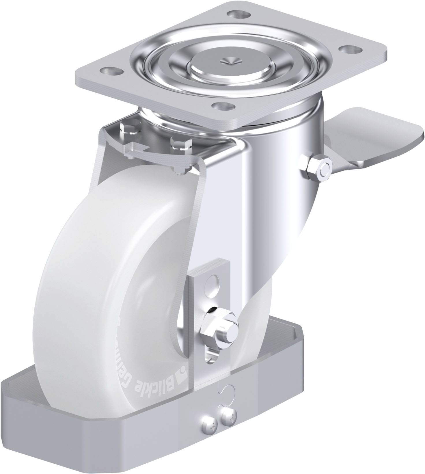 Metallisches Lenkrollenrad mit weißem Rad aus Kunststoff. Es hat eine Befestigungsplatte oben und einen seitlichen Hebel zum Arretieren.