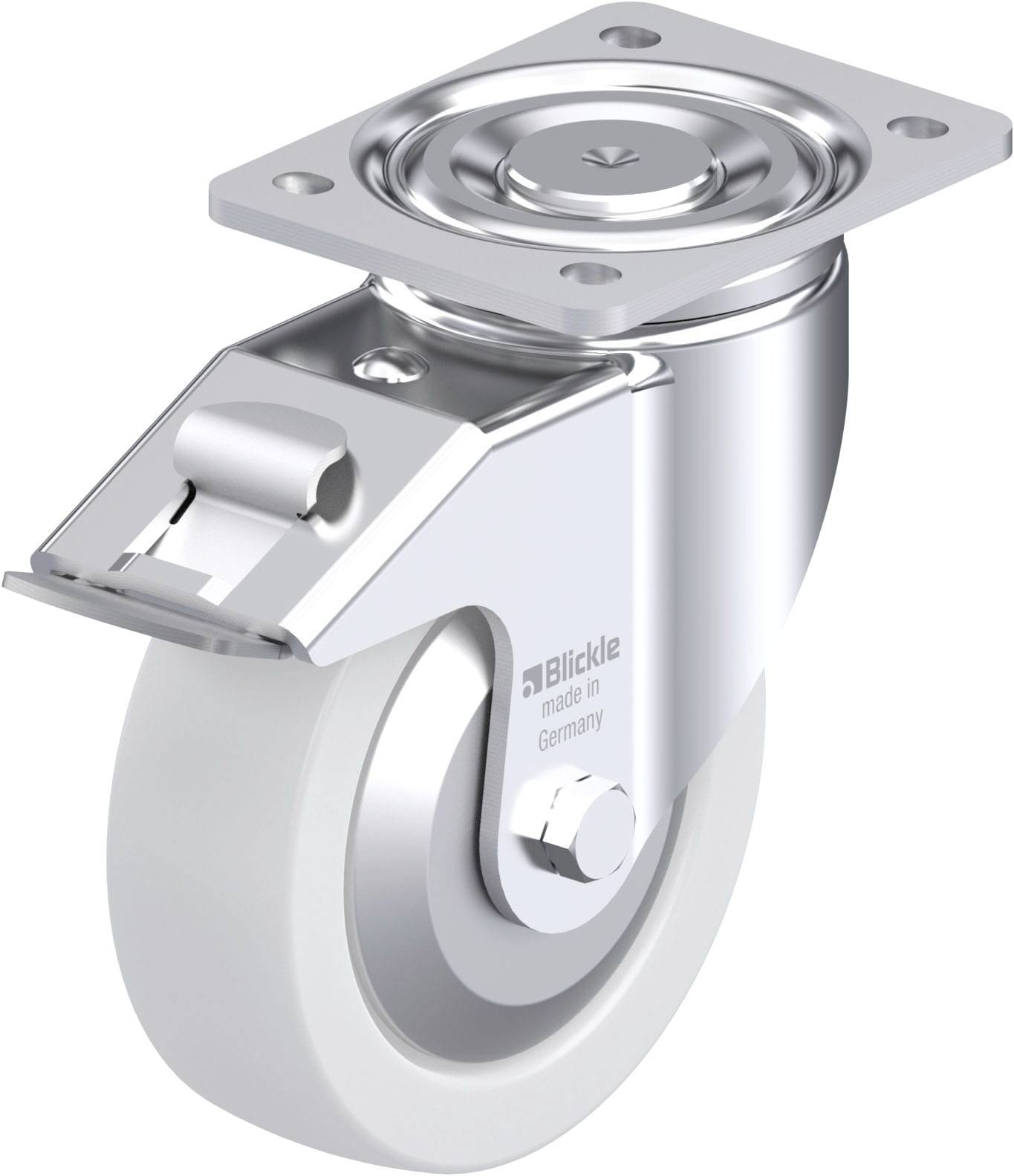 Schwenkrolle aus Metall mit grauem Rad und Montageplatte, hergestellt in Deutschland.