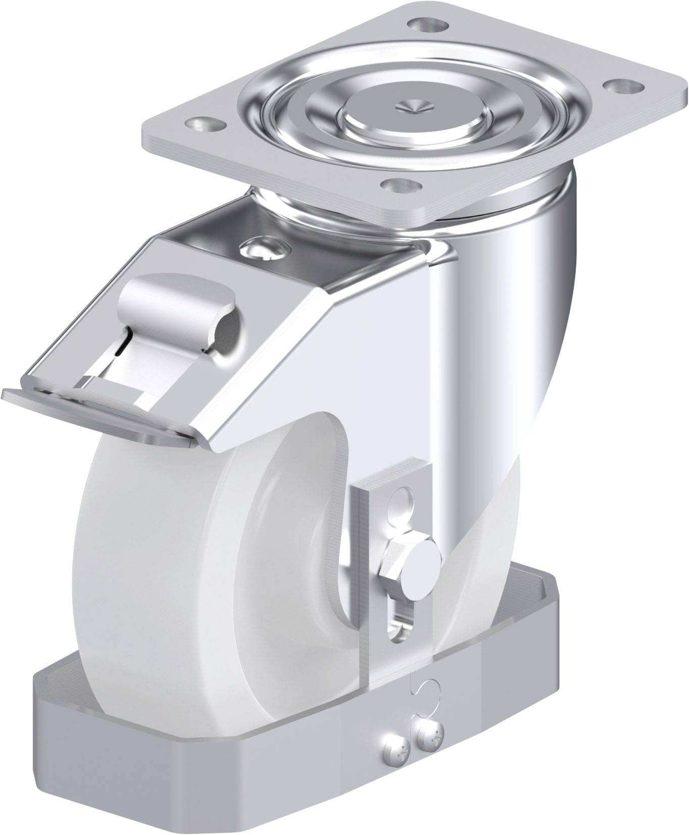 Ein drehbares Lenkrollenrad aus Metall mit weißem Kunststoffrad, geeignet für Schwerlastmöbel oder Geräte.