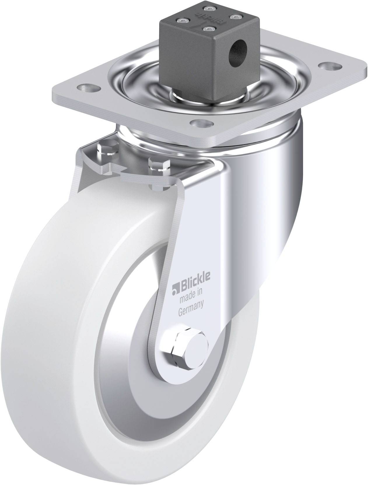 Eine graue Lenkrolle mit Befestigungsplatte und silbernem Gehäuse.