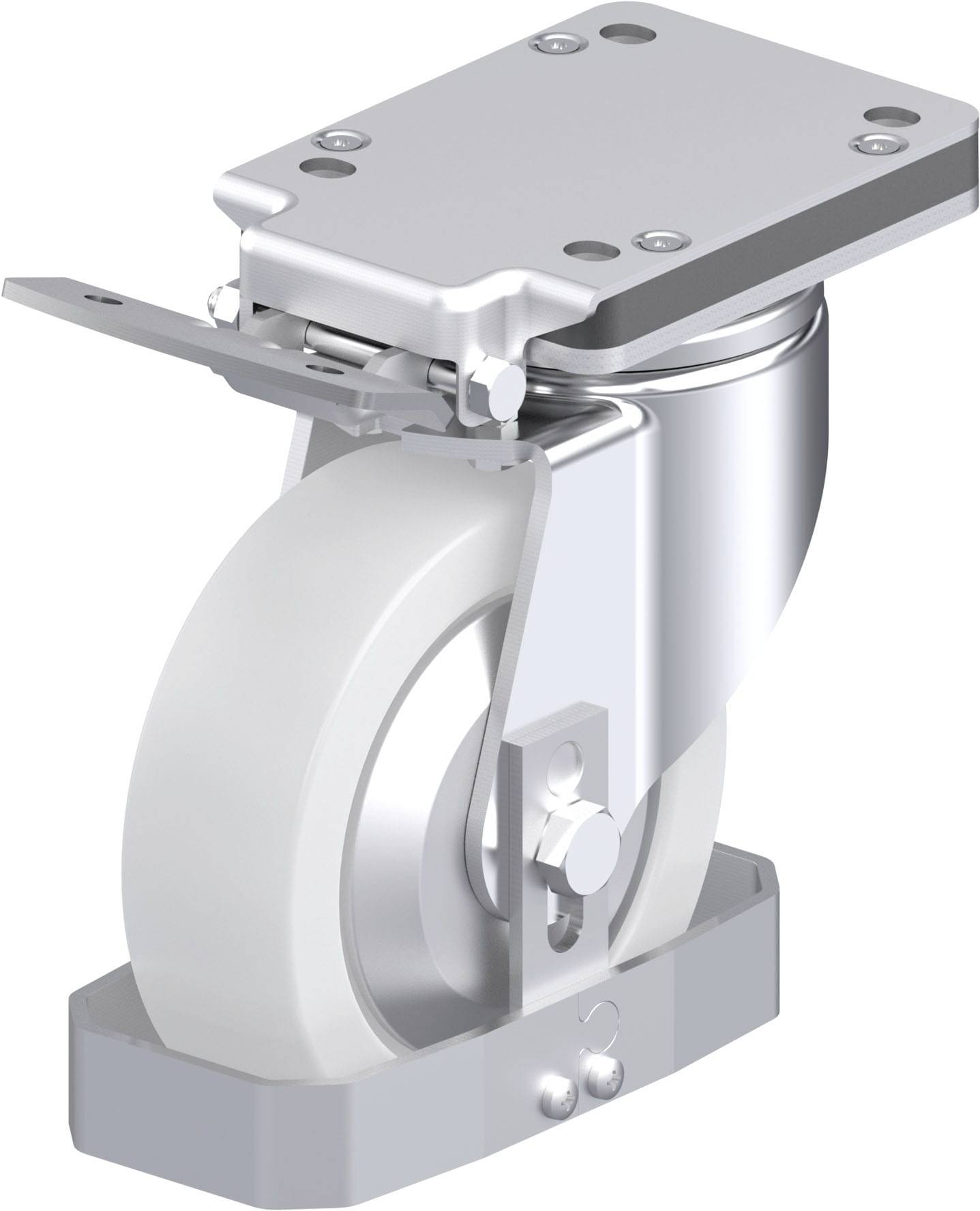 Metallisches Kugelgelenkrad mit weißem Rad und silbernem Gehäuse, dient als Schwerlastrolle für industrielle Anwendungen.