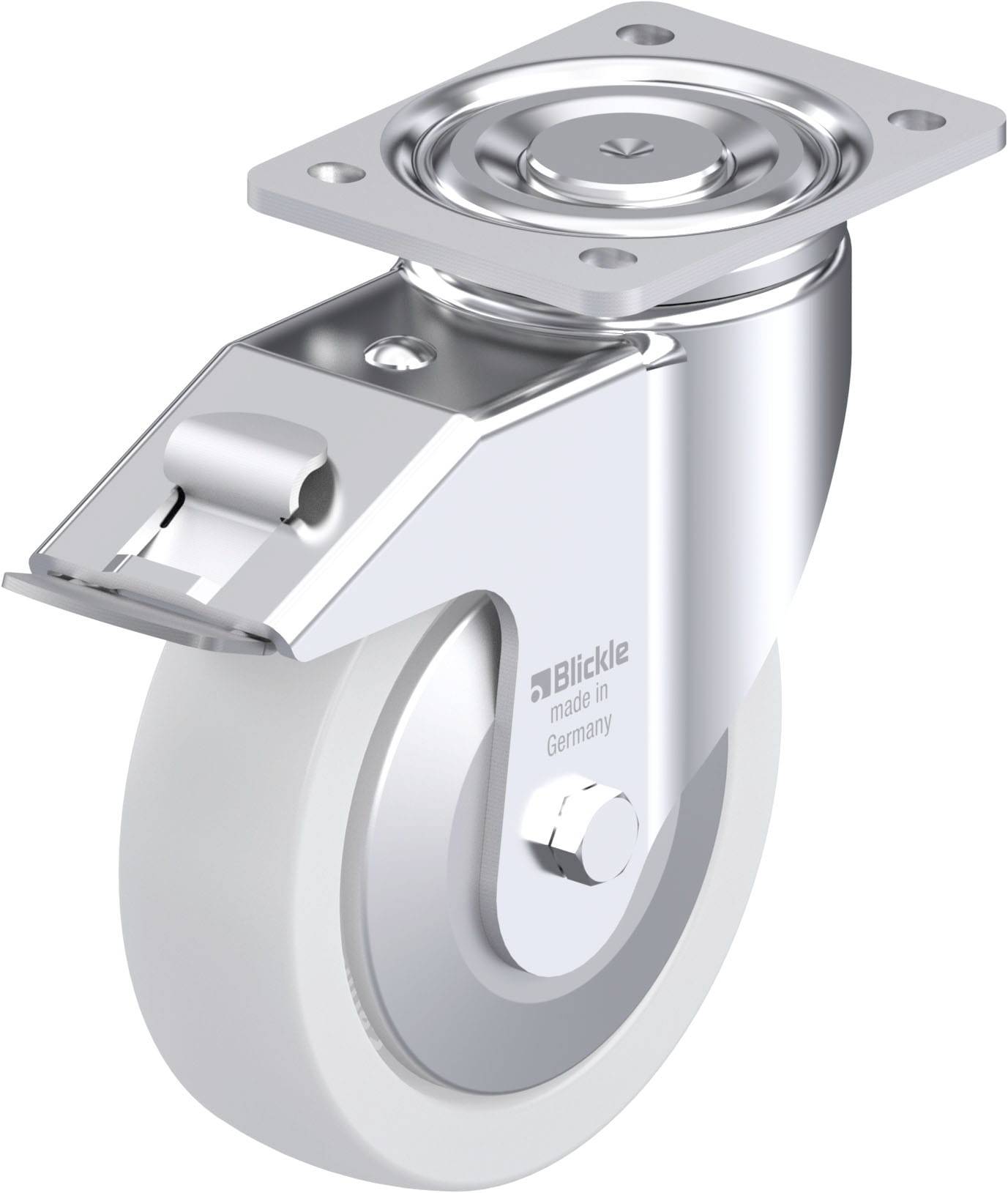 Industrie-Lenkrolle aus Metall mit Kunststoffrad, Befestigungsplatte und Schriftzug 'Blickle, made in Germany'.