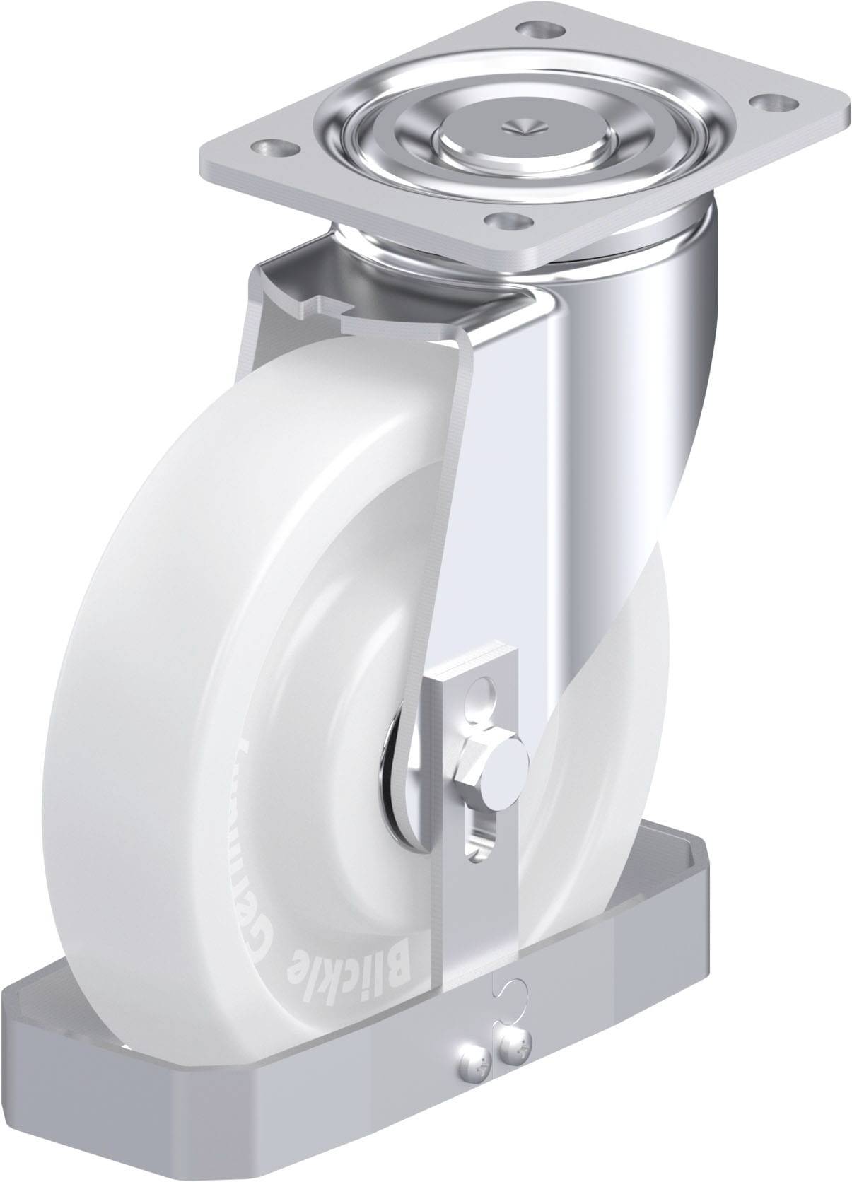 Metallrahmen-Lenkrolle mit weißem Kunststoffrad, geeignet für Möbel oder Geräte, die leichte Beweglichkeit erfordern.