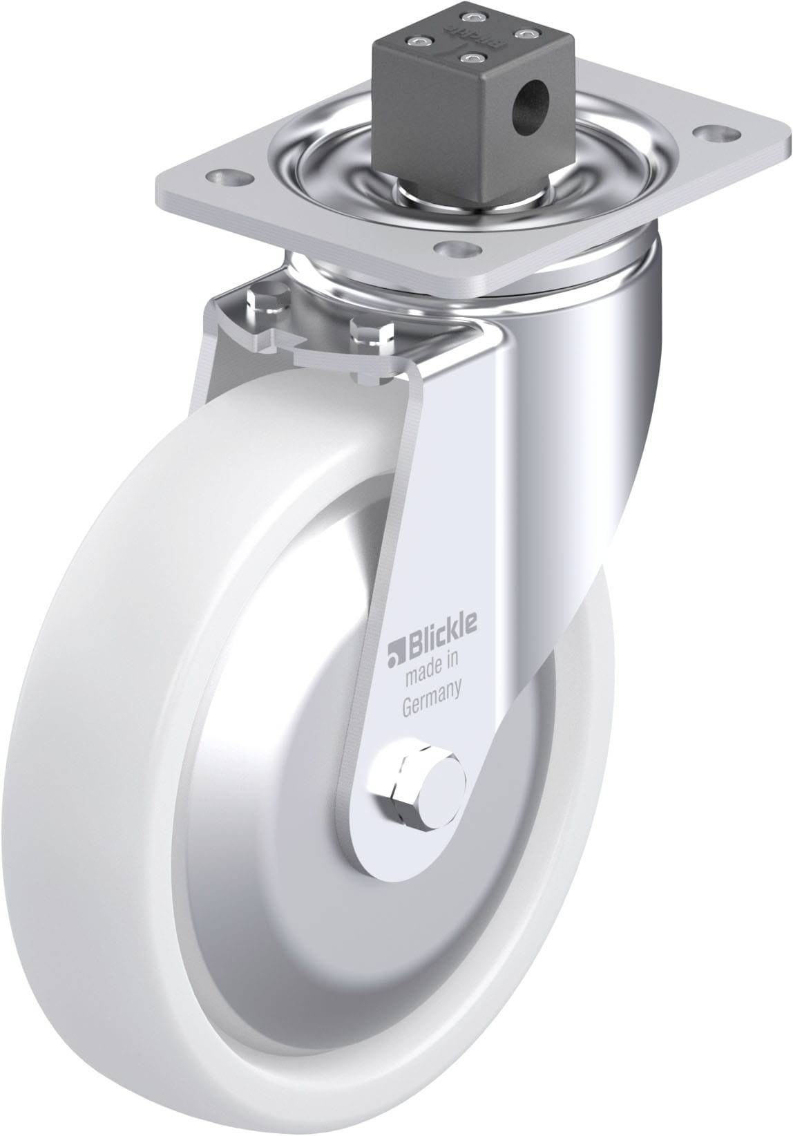 Metalllaufrad mit weißem Gummireifen, drehbar gelagert, geeignet für Möbel oder Transportwagen. Aufschrift: 'Blickle'.