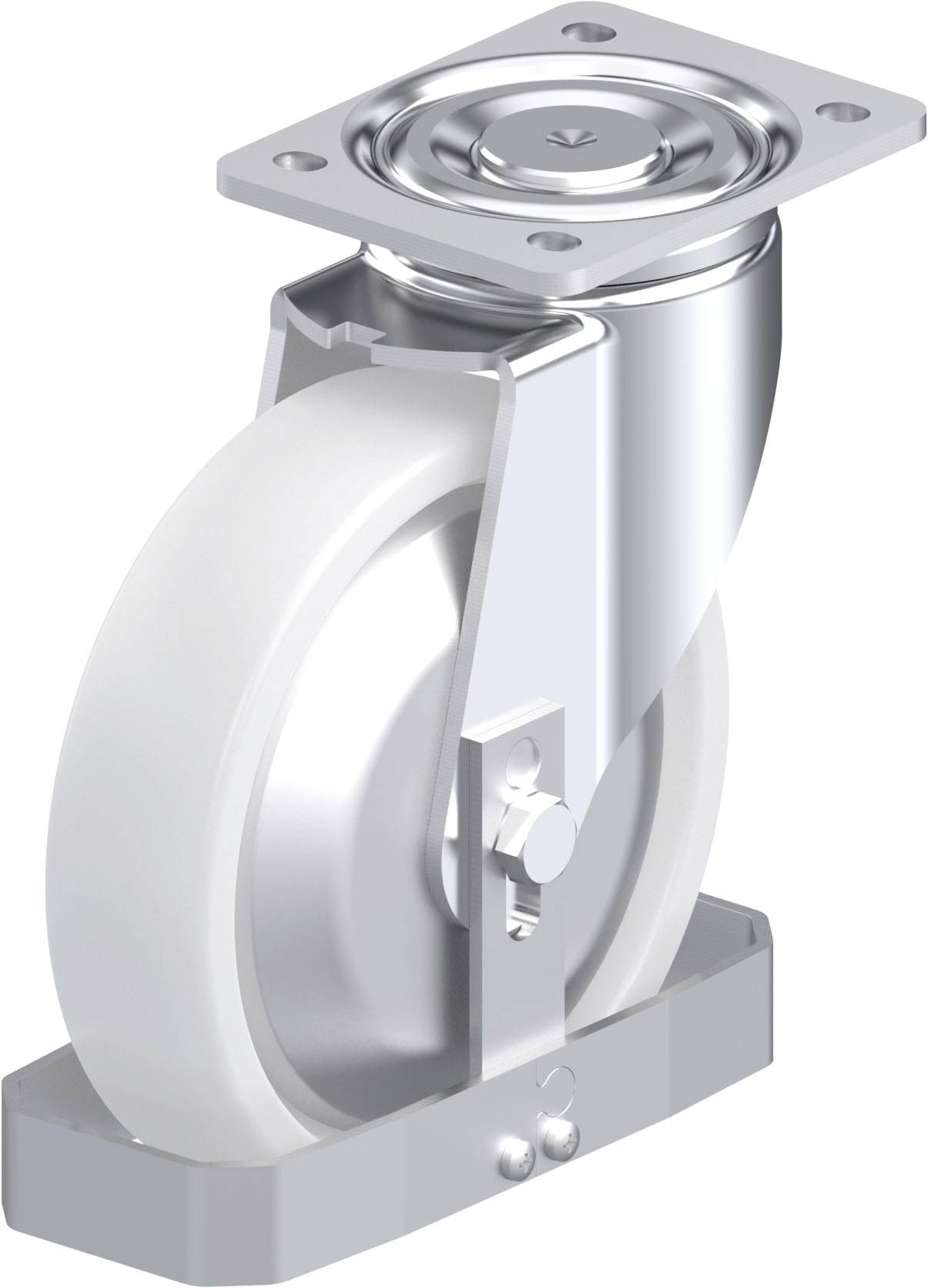 Metallisches Schwenkrollenrad mit weißem Rad, geeignet für Möbel oder Geräte mit Rollenbasis, um einfache Bewegung zu ermöglichen.