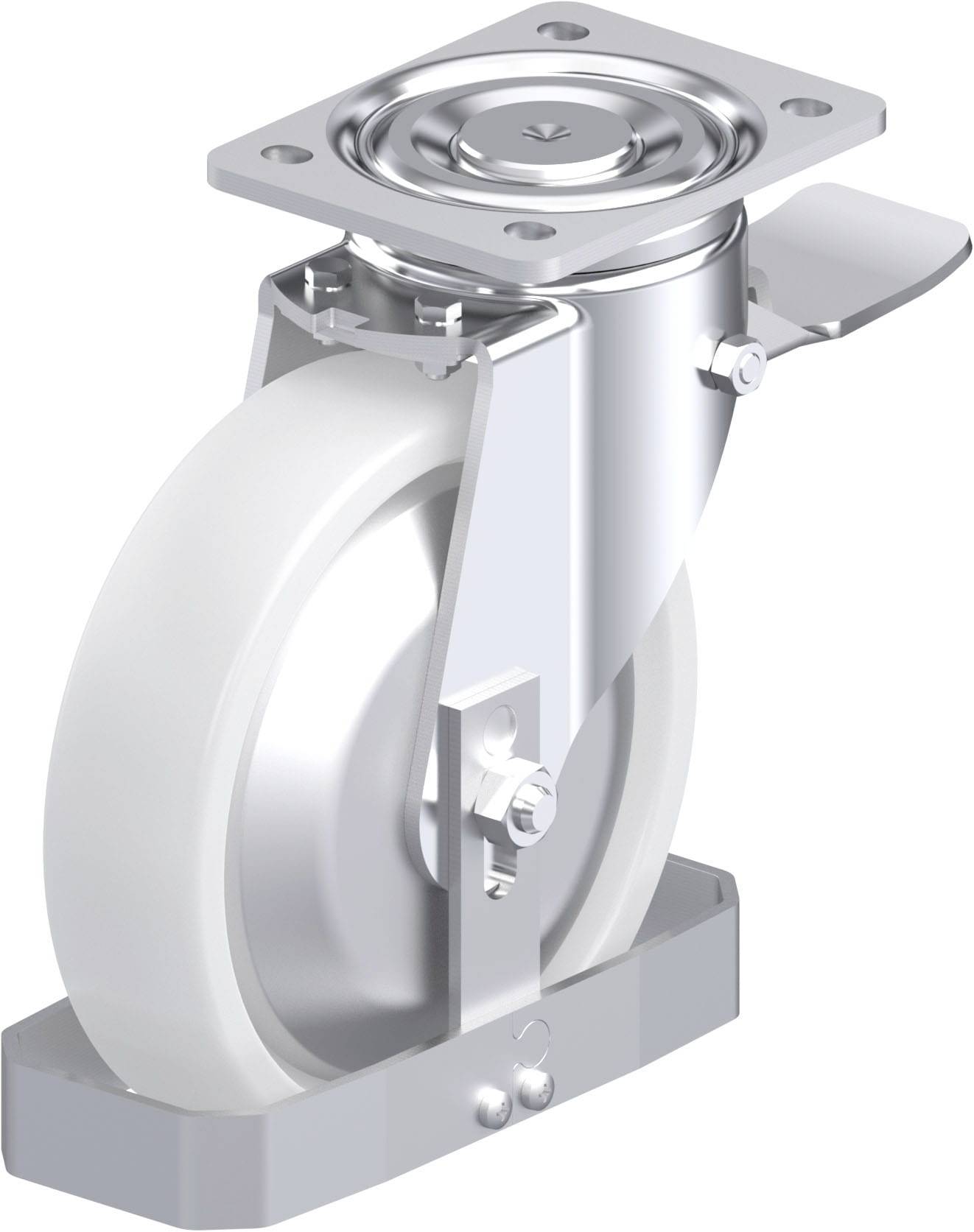 Schwenkrolle aus Metall mit weißem Rad und Montageplatte, ideal für Möbel oder Transportgeräte. Robust und vielseitig einsetzbar.