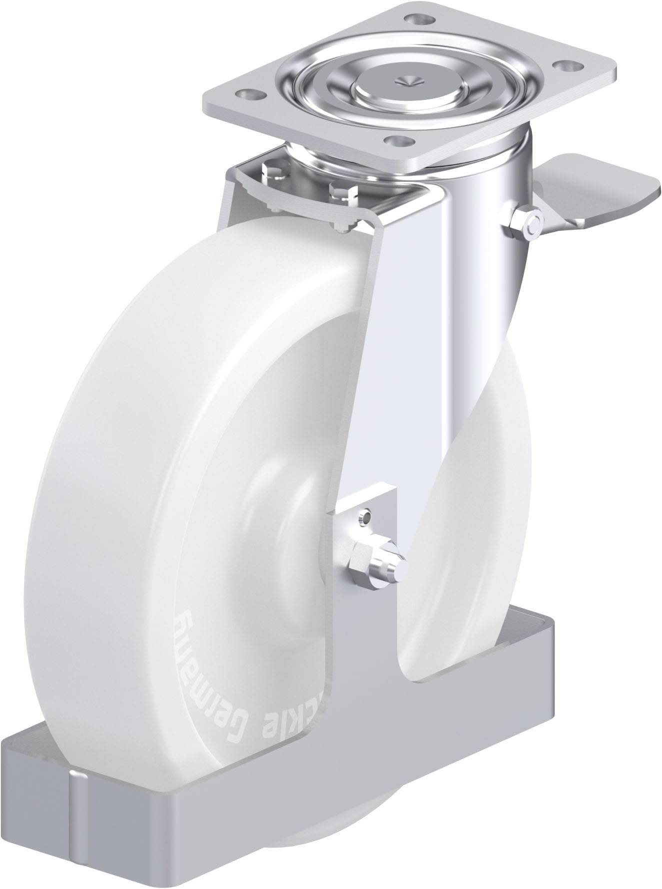 Industrie-Lenkrolle mit weißem Rad, silbernem Metallgehäuse und Bremse, geeignet für schwere Lasten.