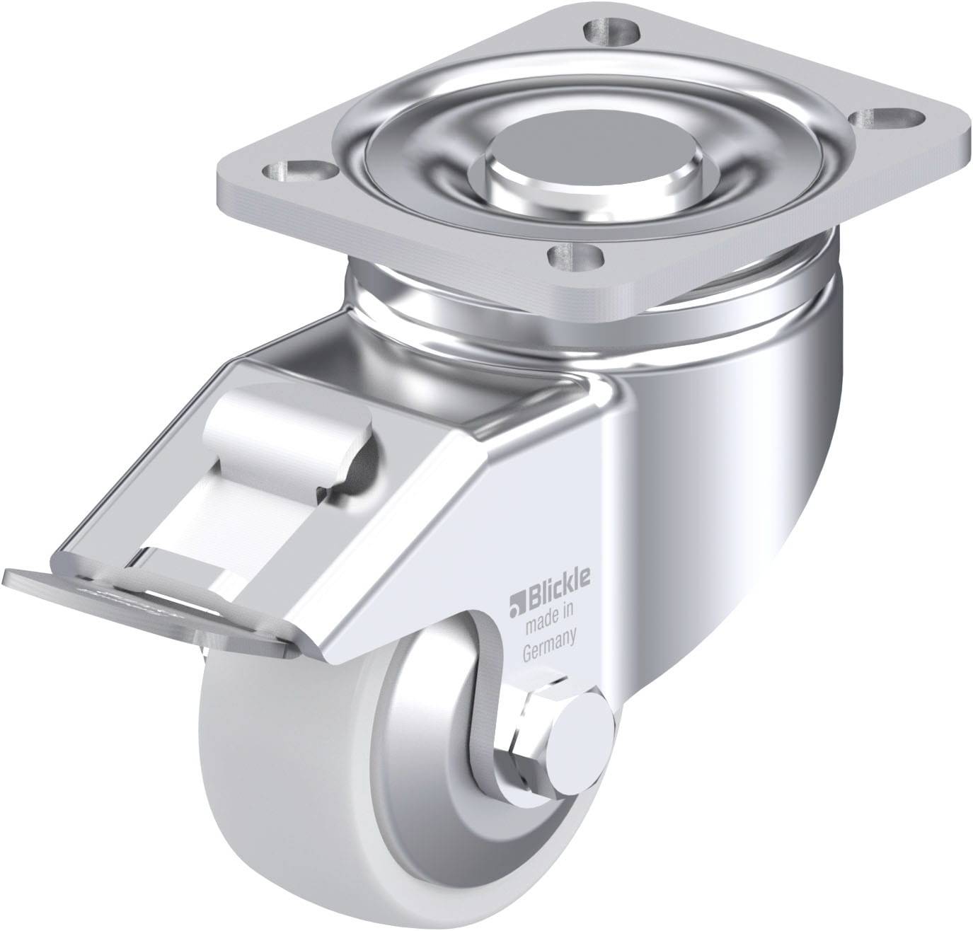 Rolle mit Metallrahmen und grauem Gummirad von Blickle, hergestellt in Deutschland.