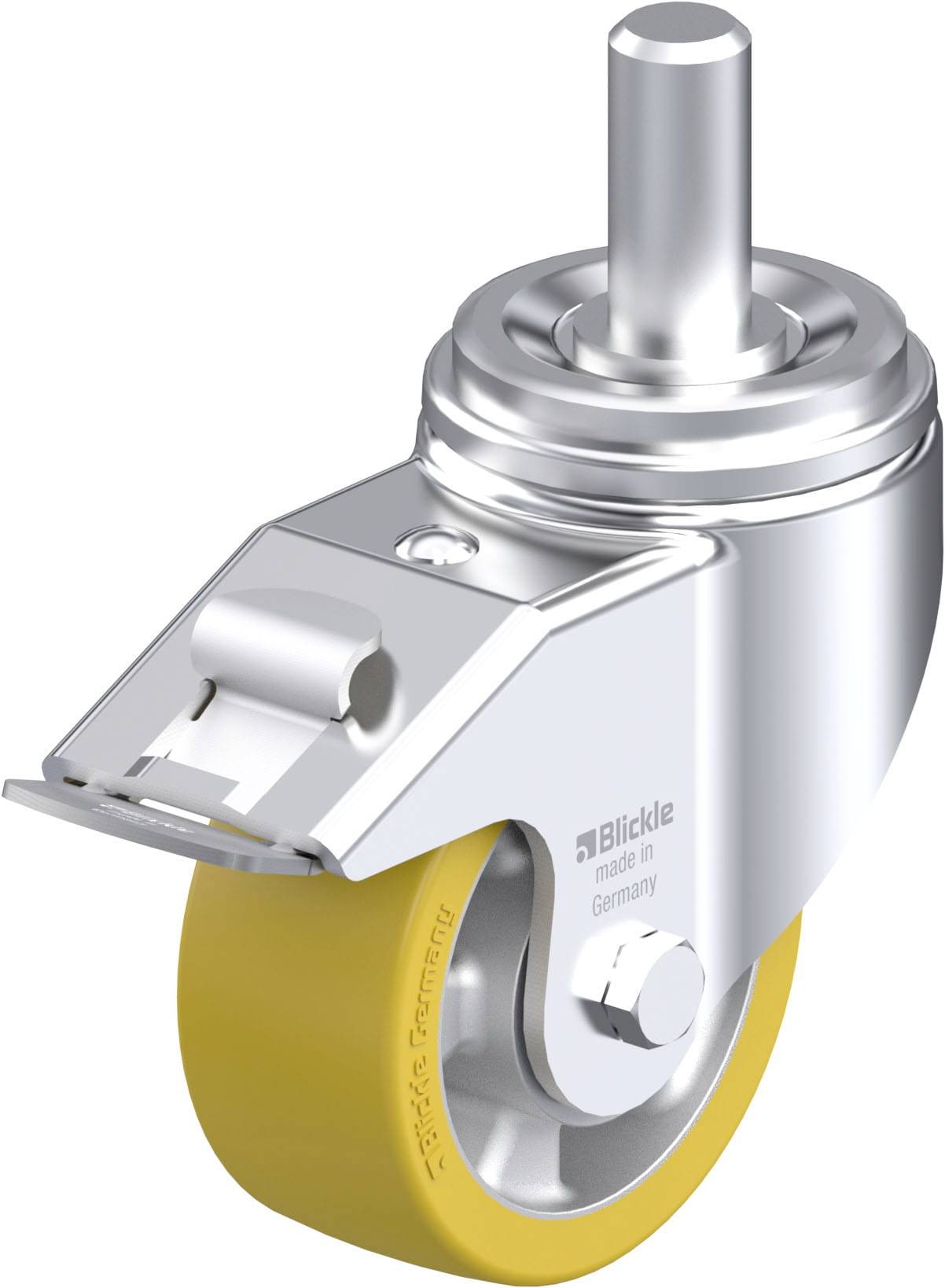 Lenkrolle aus Metall mit gelbem Rad, hergestellt in Deutschland. Geeignet für industrielle Anwendungen, robust und langlebig.