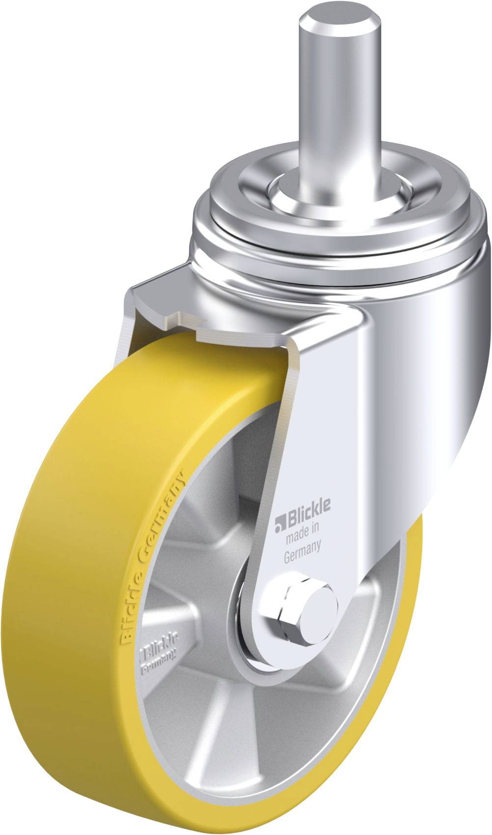 Metallenes Bockrolle mit gelbem Gummirad, Beschriftung 'Blickle Made in Germany' sichtbar. Geeignet für Schwerlast-Transport.