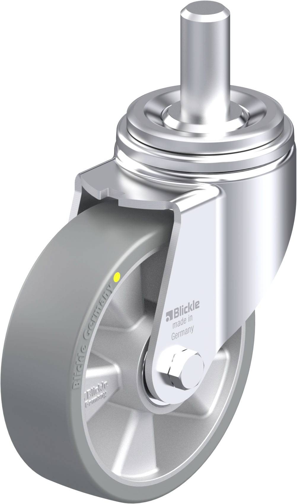 'Schwenkrolle mit grauem Rad, Metallhalterung und Befestigungsstift. Aufschrift 'Blickle Made in Germany'.'