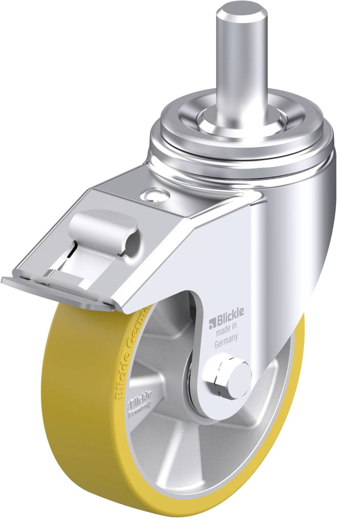 Abbildung einer gelben Lenkrolle mit Stahlgehäuse, produziert von einem Hersteller in Deutschland.