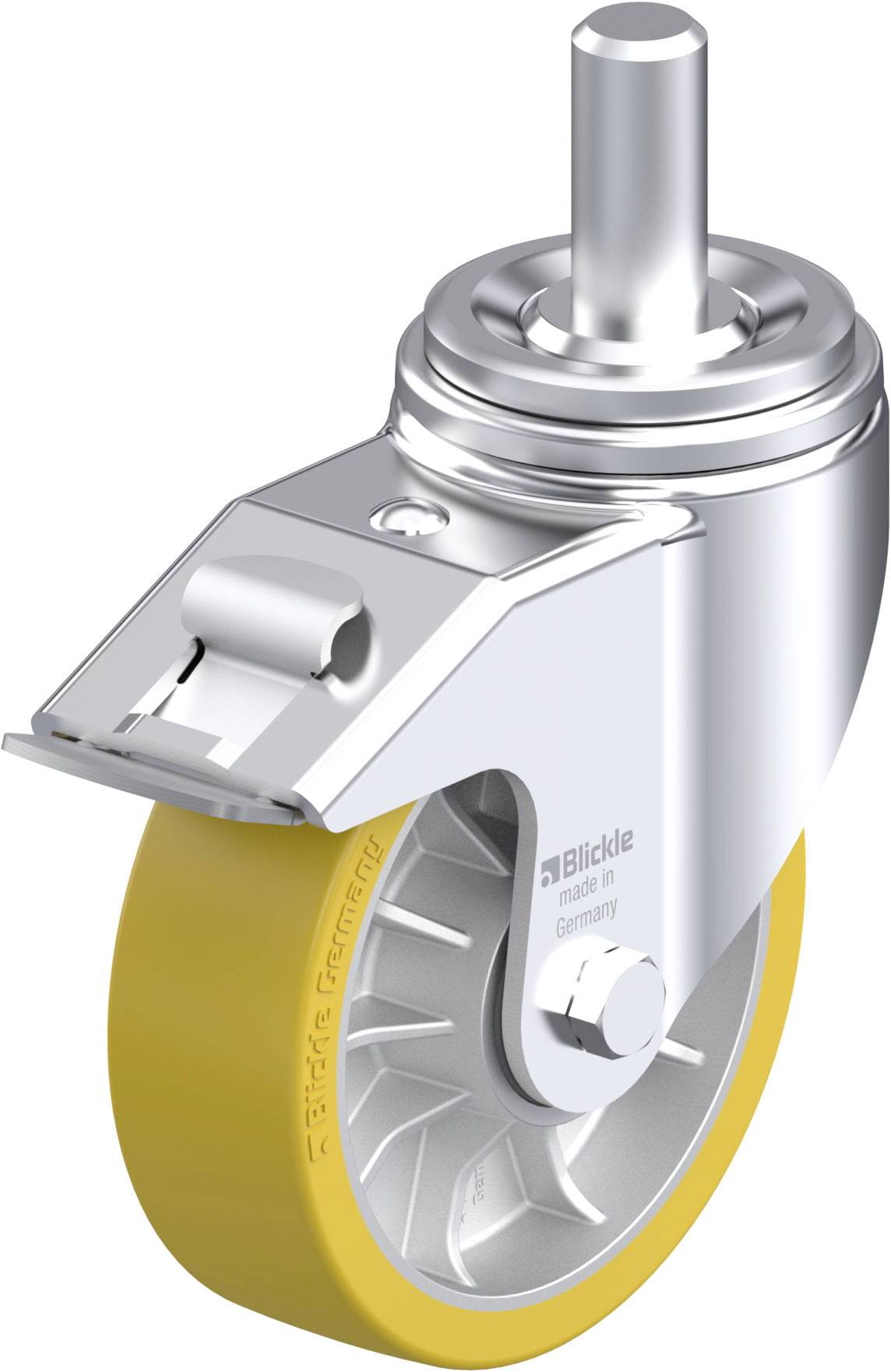 Gelb-graue Lenkrolle aus Metall und Kunststoff mit Bremse, industrielles Design, markiert 'Blickle made in Germany'.