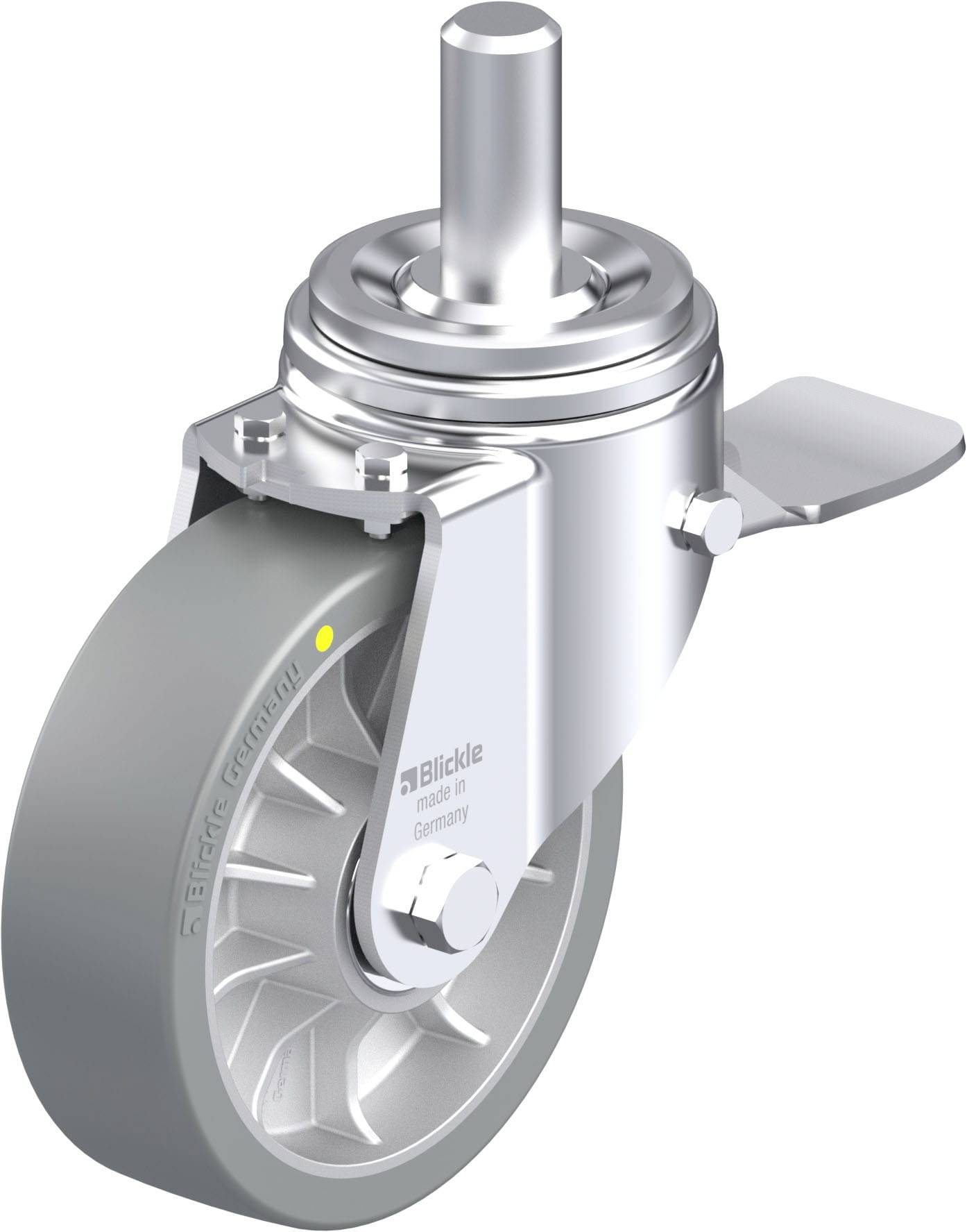 Industrie-Lenkrolle aus Metall mit grauem Rad und drehbarem Befestigungselement.