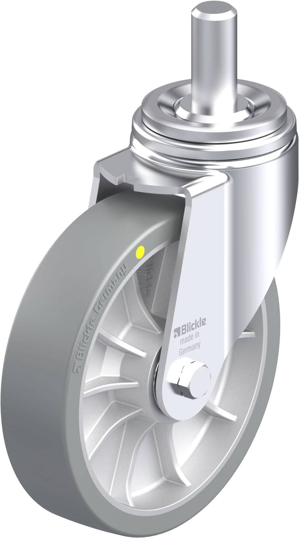 Industriefeststellrolle mit grauem Gummirad und silbernem Halter, geeignet für schwere Maschinen oder Möbel.