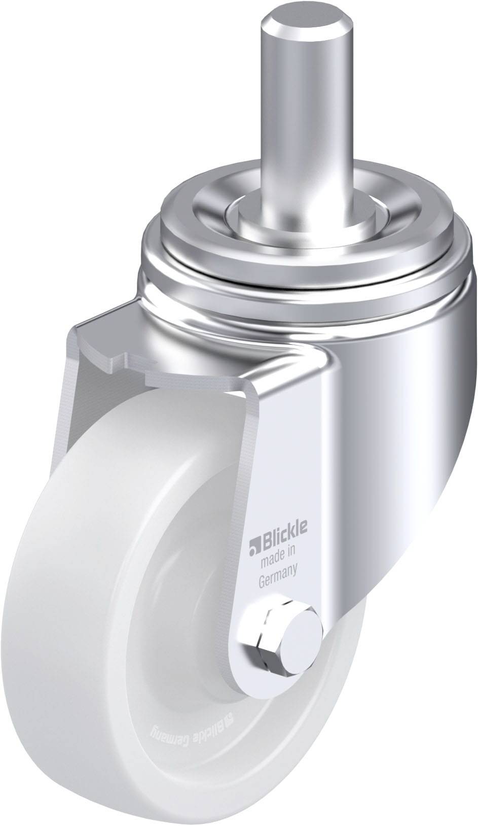 Eine graue Rolle mit Metallhalterung und Stift, auf dem 'Blickle, made in Germany' steht.