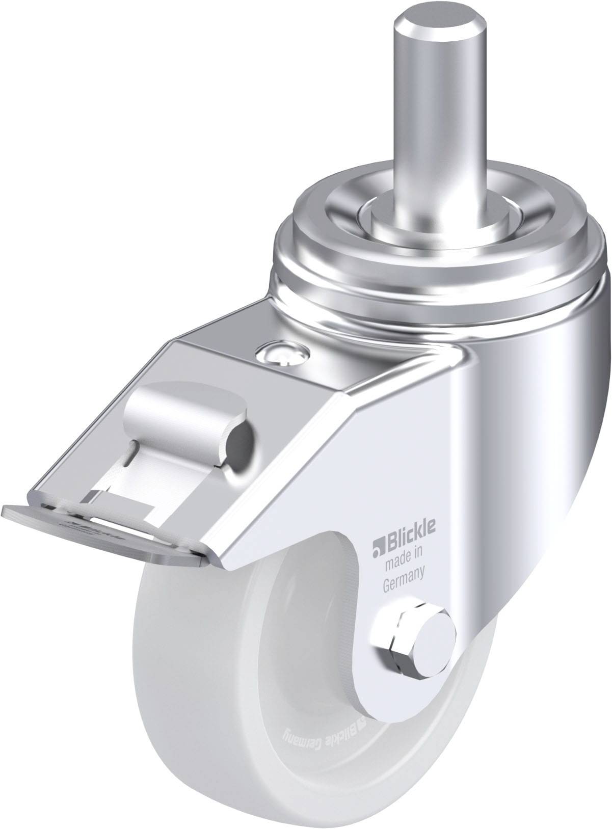 Metallisches lenkbares Edelstahlrad mit Bremse, geeignet für Möbel und Geräte. Markenname 'Blickle' und 'made in Germany' sichtbar.