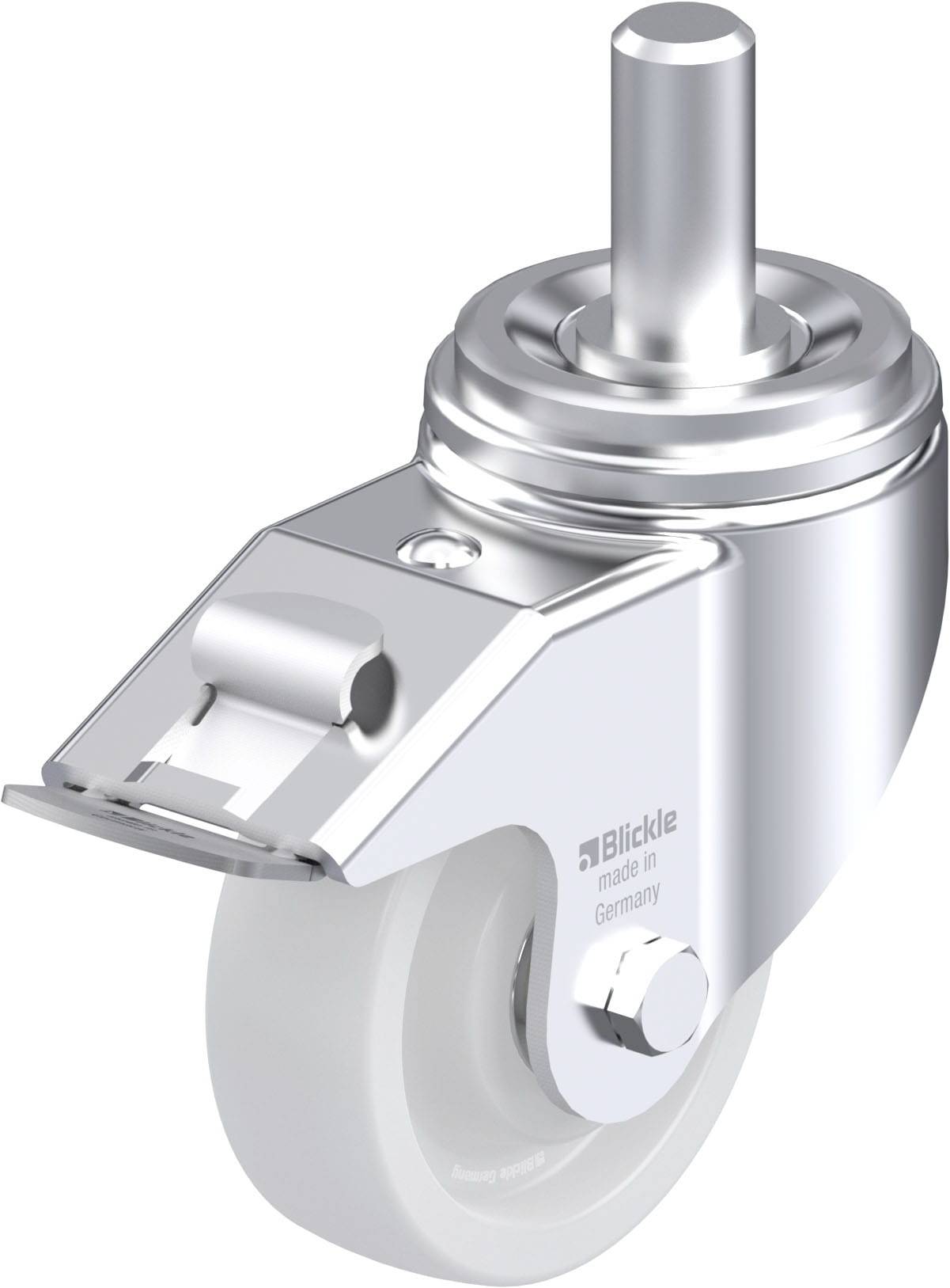 Lenkrolle aus Metall mit weißem Rad, geeignet für Transportwagen. Markierung 'Blickle, made in Germany' sichtbar auf der Radhalterung.