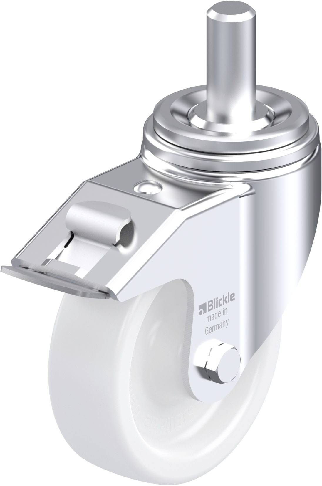 Kleine Lenkrolle aus Metall mit weißem Rad und Bremse. Aufschrift 'Blickle made in Germany' auf der Gehäuseseite.