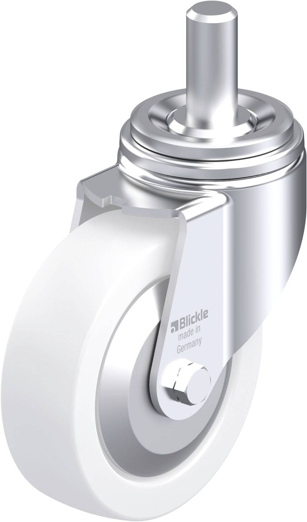 Eine weiße Rolle mit metallischem Gehäuse, geeignet für Möbel oder Geräte. Auf der Seite steht 'Blickle made in Germany'.