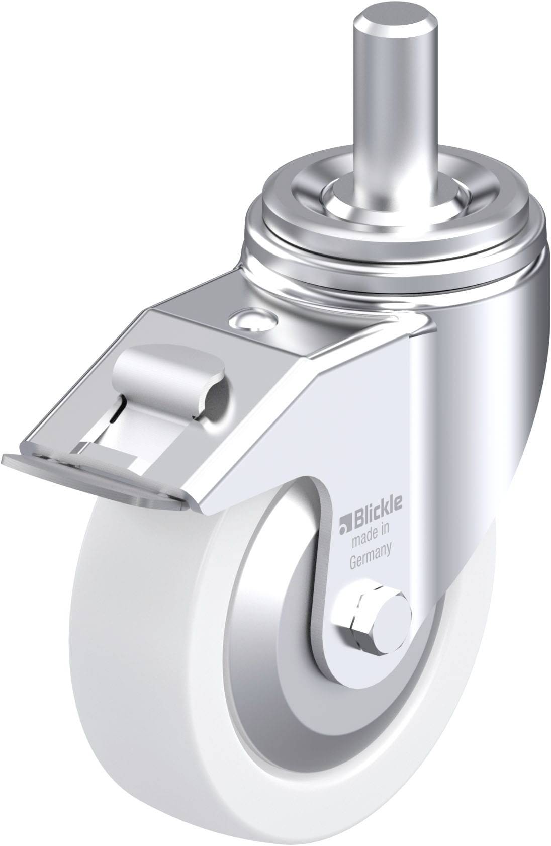 Drehbares Bockrollen-Gehäuse aus Metall mit weißem Rad. Die Rolle hat eine hohe Tragfähigkeit und ist für den Einsatz an Möbeln oder Geräten geeignet.
