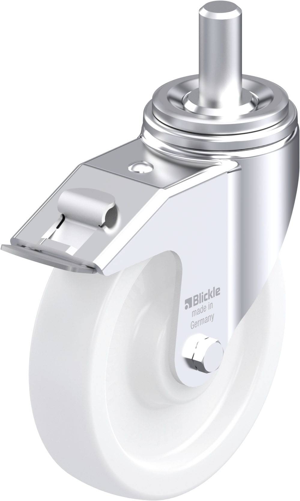 Metall-Rollenlager mit weißem Rad, silberfarbenes Gehäuse. Geeignet für Möbel oder Transportwagen.
