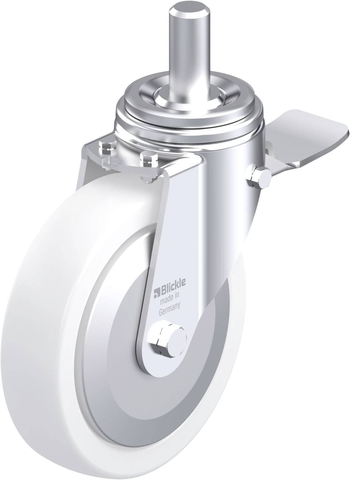 Abgebildet ist eine silberne und weiße Lenkrolle mit Bremse. Sie besteht aus einem Metallschaft und einem Rad. Markierung: 'Blickle'.