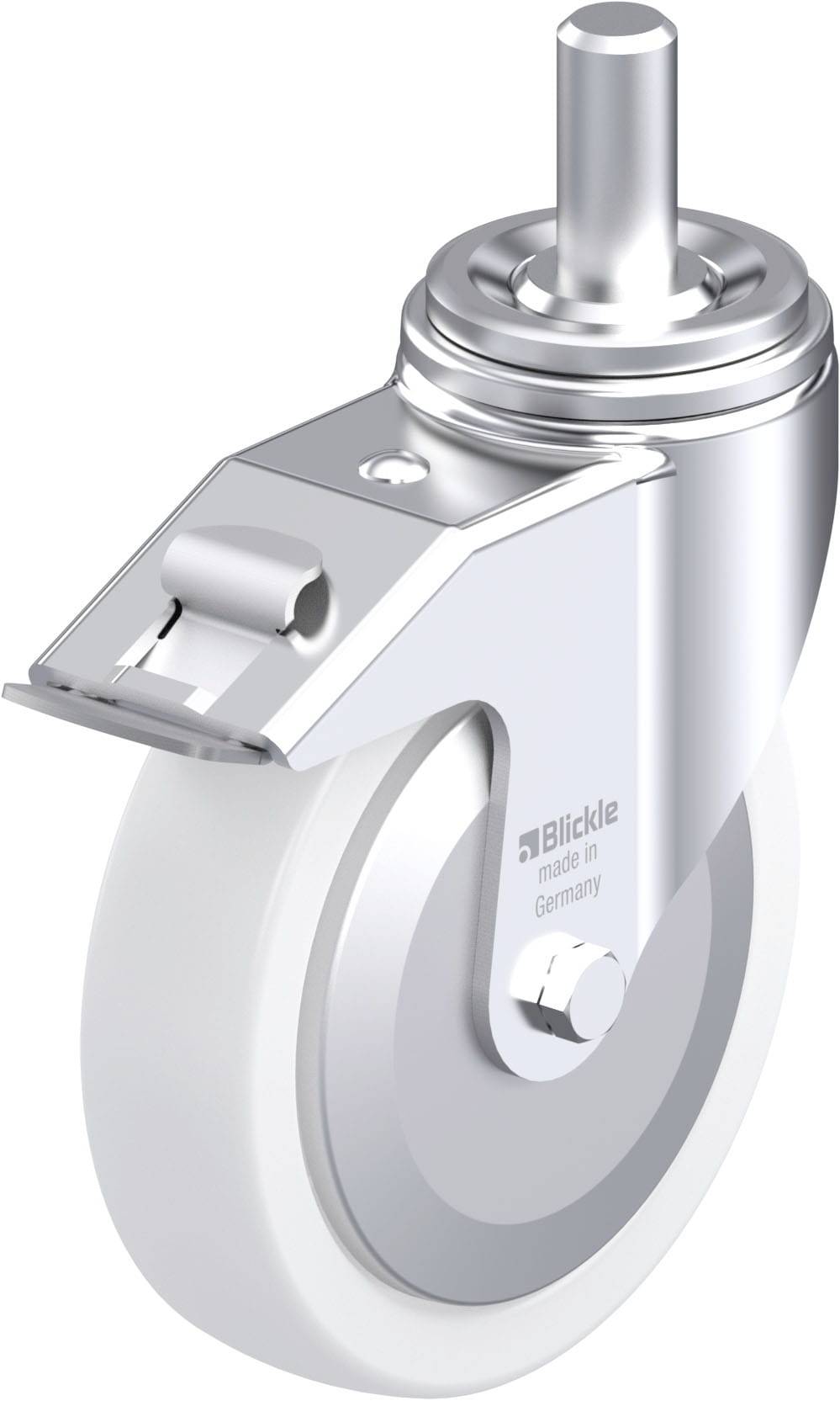 Ein silbernes und weißes Schwenkrollenrad mit einer Metallhalterung. Text auf der Halterung: 'Blickle made in Germany'.
