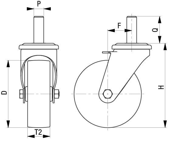Technische Zeichnung eines Lenkrollrads mit Seitenansicht und Frontansicht, die Messungen P, F, D, T2, H und α zeigen.