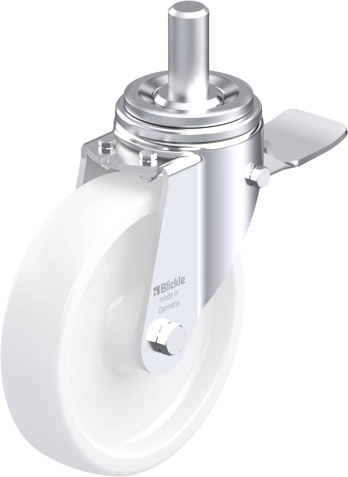 Schwenkrolle aus Metall mit weißem Rad, geeignet für industrielle Anwendungen. Enthält Fußbremse für sicheres Positionieren.