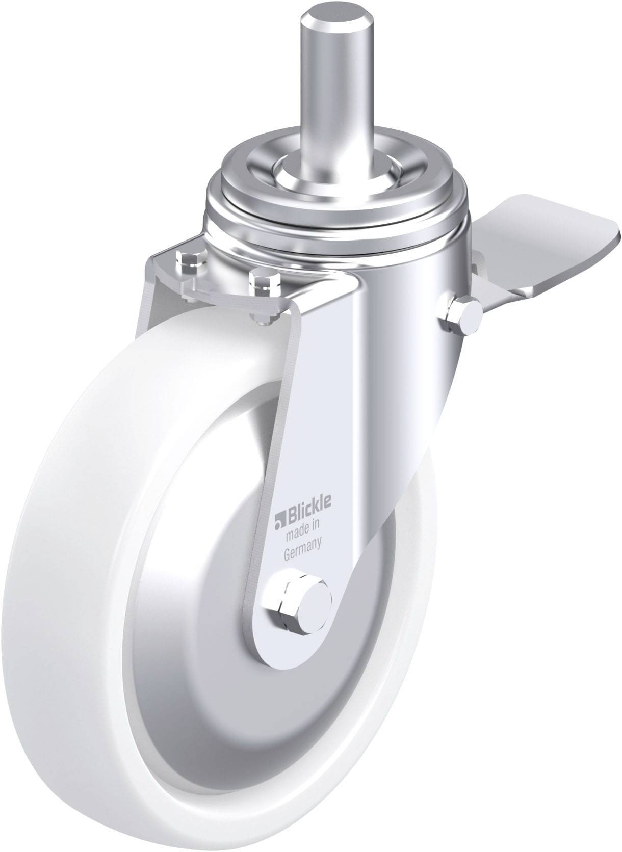 Ein weißes Schwerlast-Lenkrolle mit Metallgehäuse und Befestigungsstift. Geeignet für Industrieanwendungen oder Transportwagen.