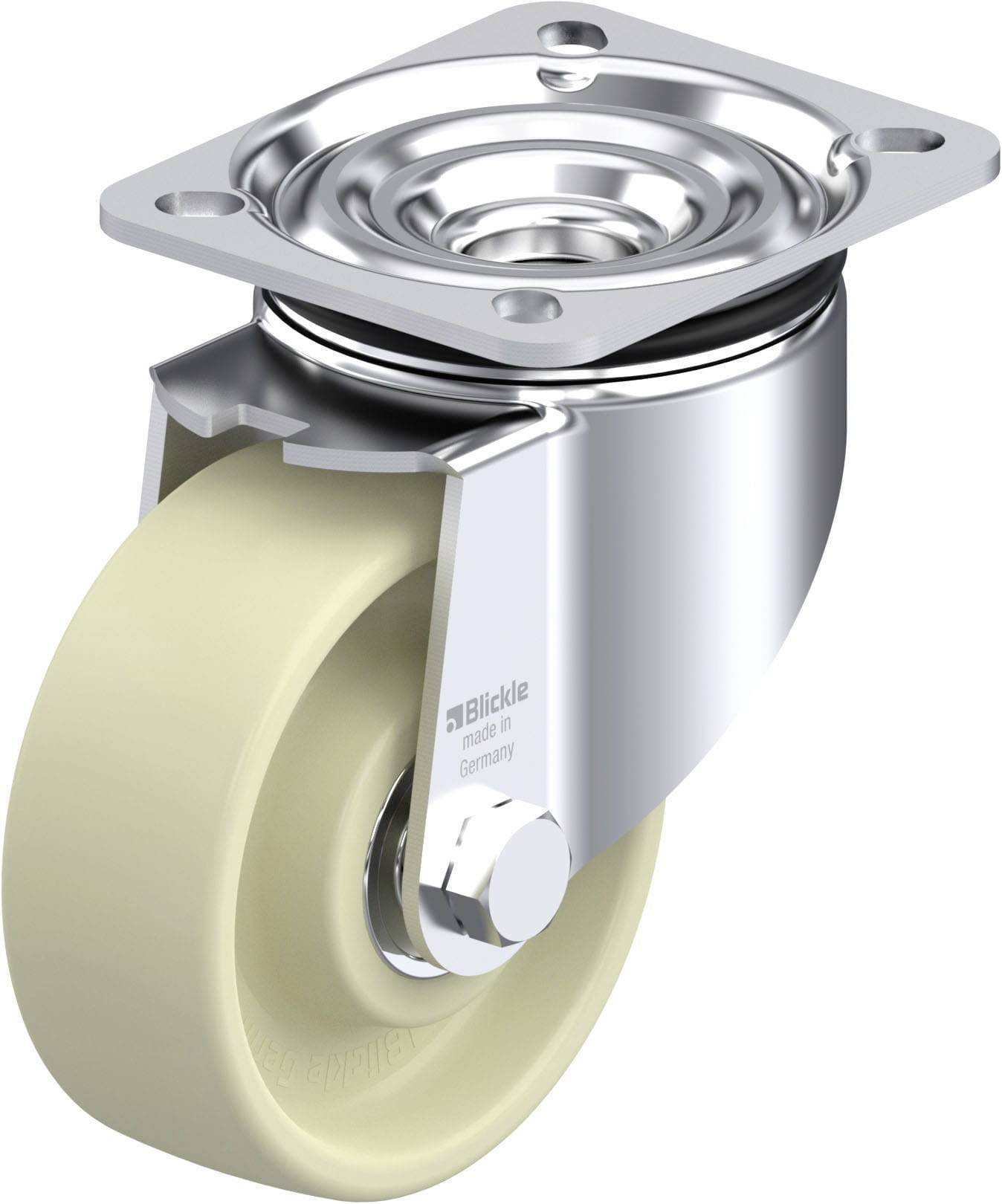 Industrie-Lenkrolle aus Metall mit einem hellen Rad, montiert auf einer drehbaren Befestigungsplatte.