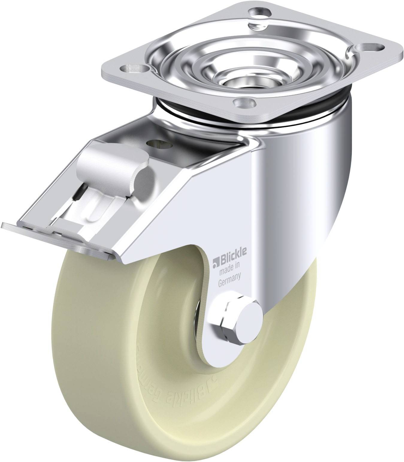 Metallisches Schwenkrollensystem mit grauem Rad und Befestigungsplatte. Minimalistisches Design, geeignet für Industrieeinsatz.