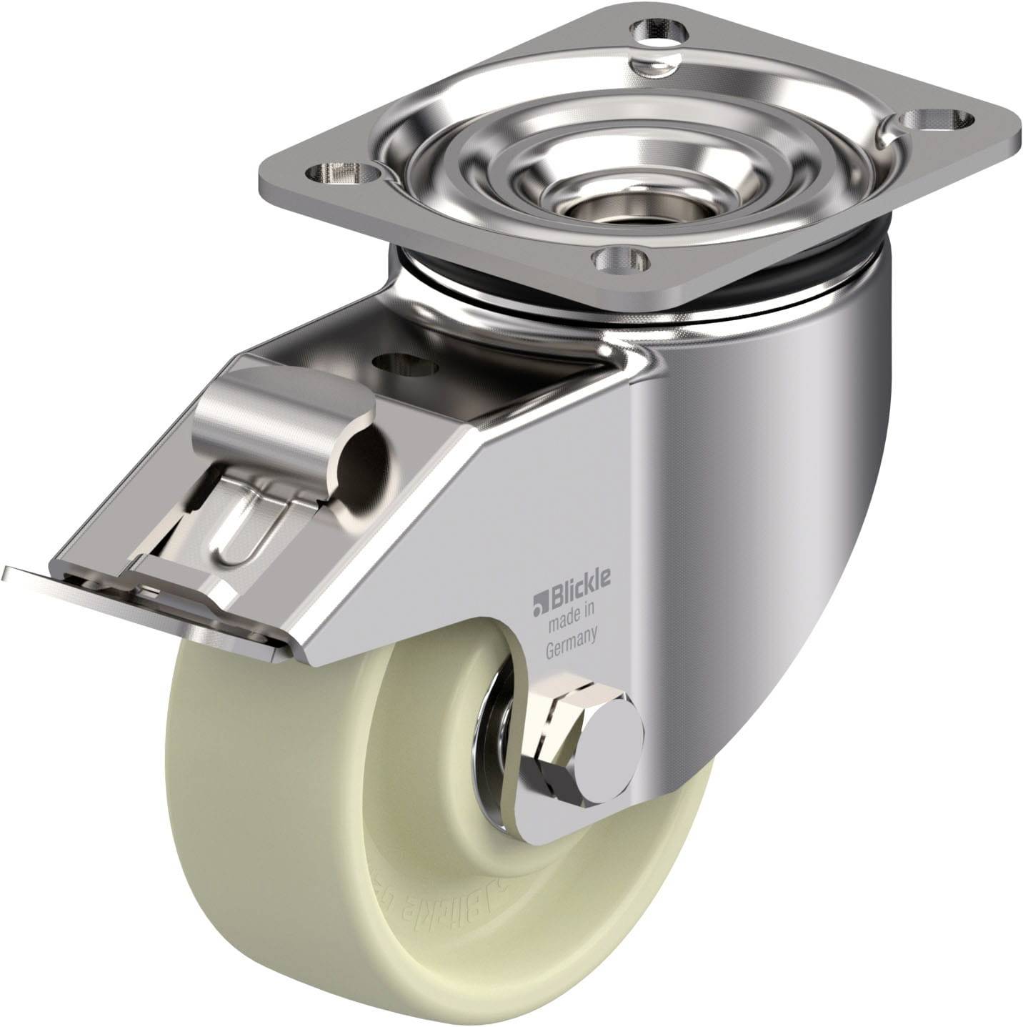 Schwenkrolle aus Metall mit Gleitlager und beige Rad, rechteckige Befestigungsplatte. Eignet sich für Möbel oder Gerätebewegung.