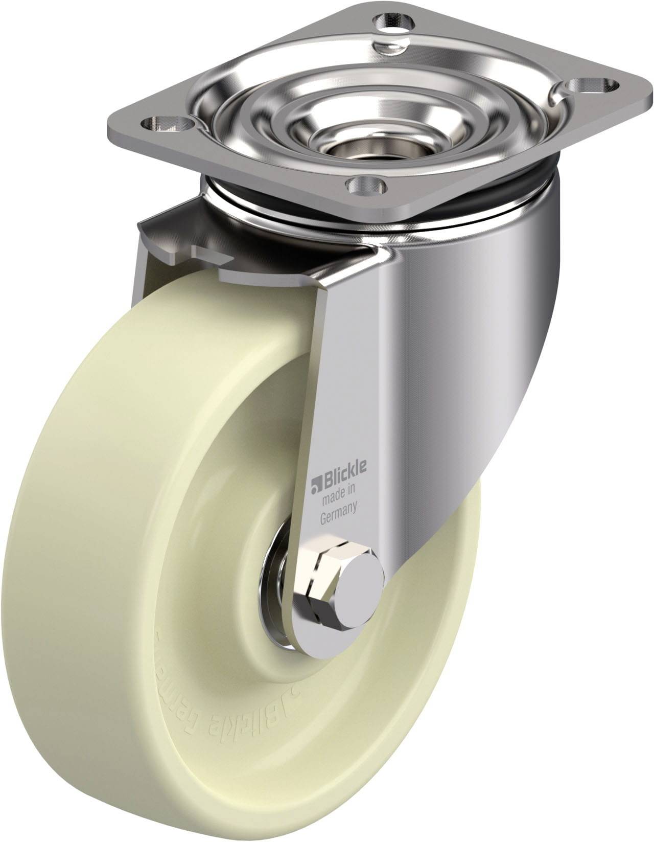 Industrie-Rolle mit gelbem Rad und Metallgehäuse, geeignet für den Einsatz in Rollwagen und Transportgeräten.