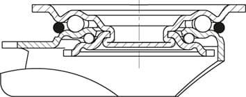 Querschnitt einer Maschinenteilverbindung mit Kugellagern und Dichtungen innerhalb einer Metallstruktur.