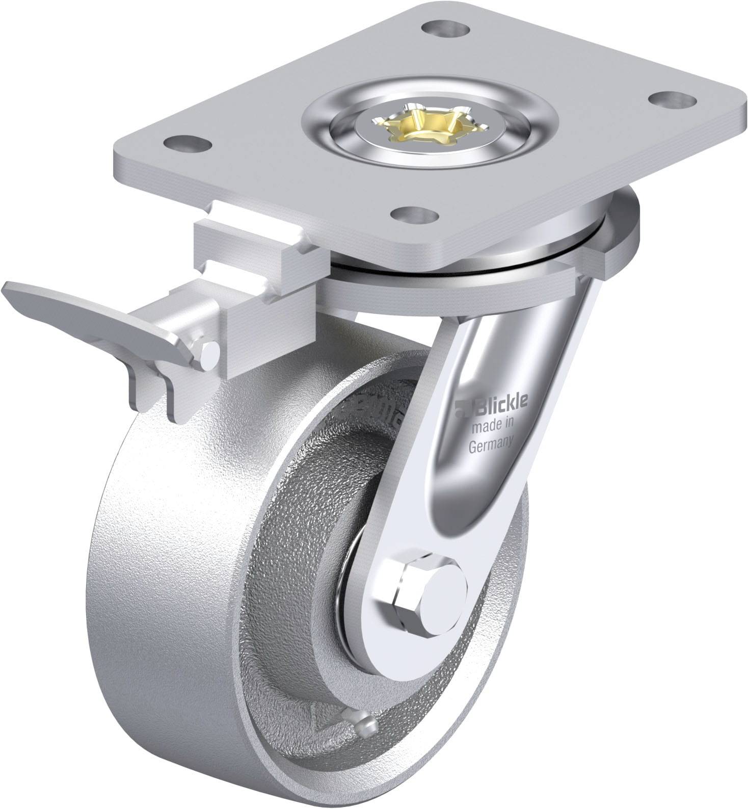 Ein drehbares Gehäuse-Rad aus Metall mit Platte und Feststellhebel, hergestellt in Deutschland. Es ist montierbar und zeigt Robustheit.