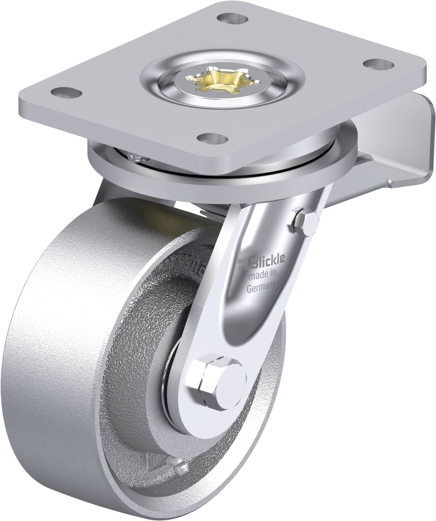Metallisches Lenkrollenrad mit rechteckiger Montageplatte, silberne Farbe, seitliche Abbildung.