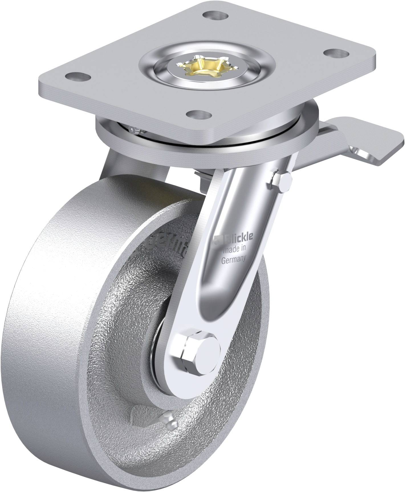 Industrie-Schwenkrolle aus Metall mit Bremse und Montageplatte, geeignet für schwere Lasten, bietet Stabilität und Beweglichkeit.