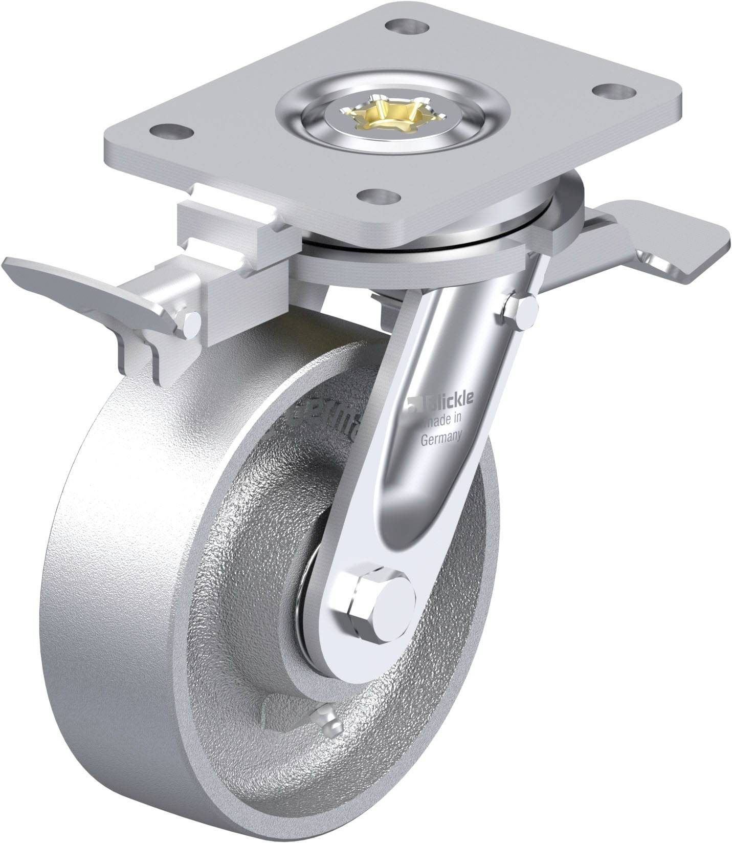 Schwenkrolle aus Metall mit Befestigungsplatte. Eignet sich für schwere Lasten, beweglich durch Drehbolzen und robuste Konstruktion.