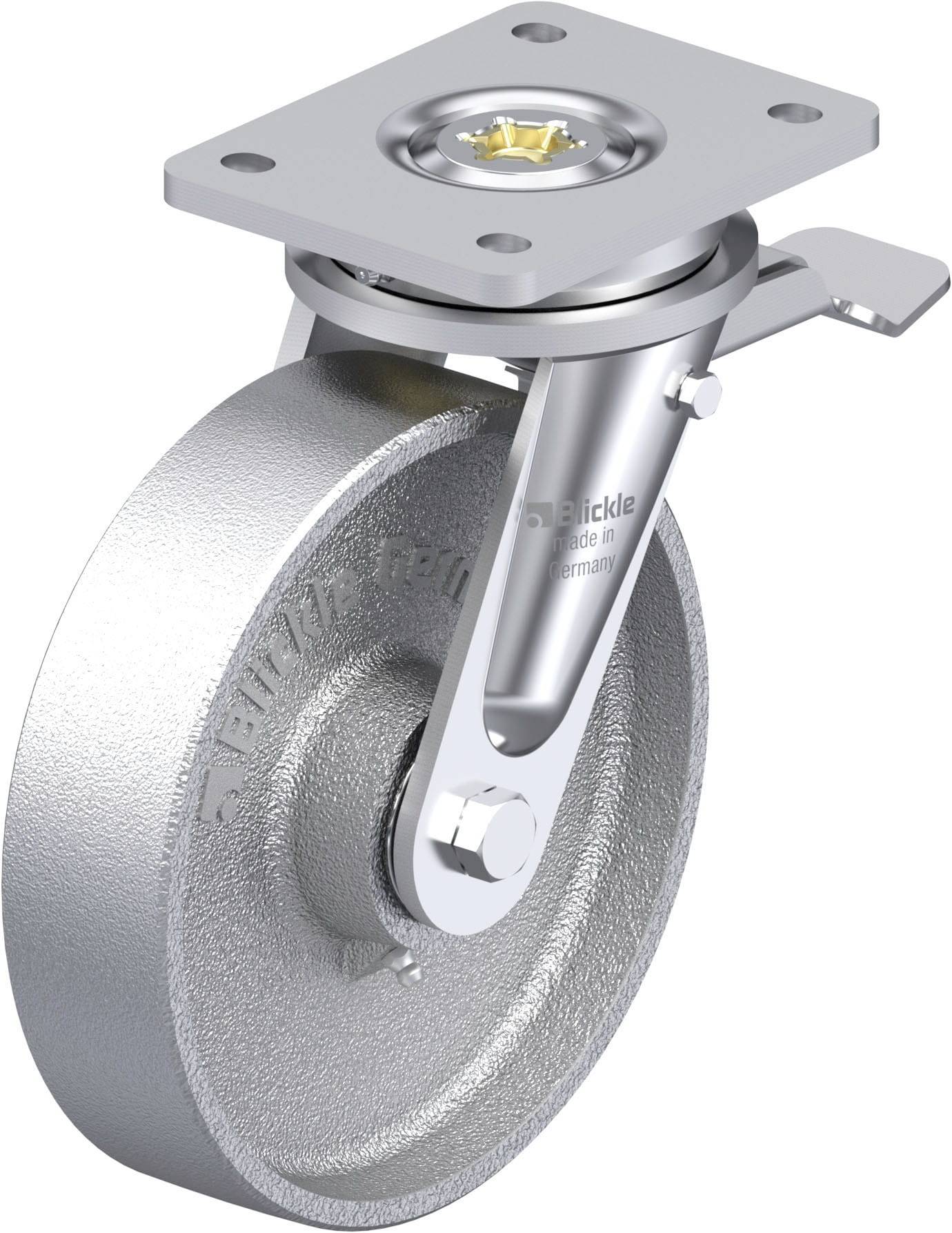 'Rollenhalter mit Metallrad und Drehplatte, Hebel oben rechts. Aufschrift: 