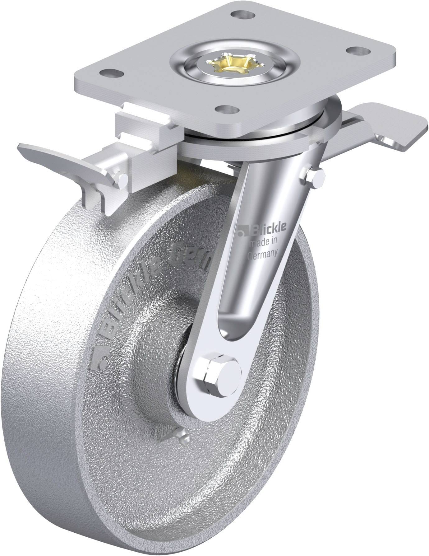 Industrie-Schwenkrolle aus Metall, montiert auf einer quadratischen Platte, mit Bremse auf der linken Seite. Geriffelte Lauffläche.