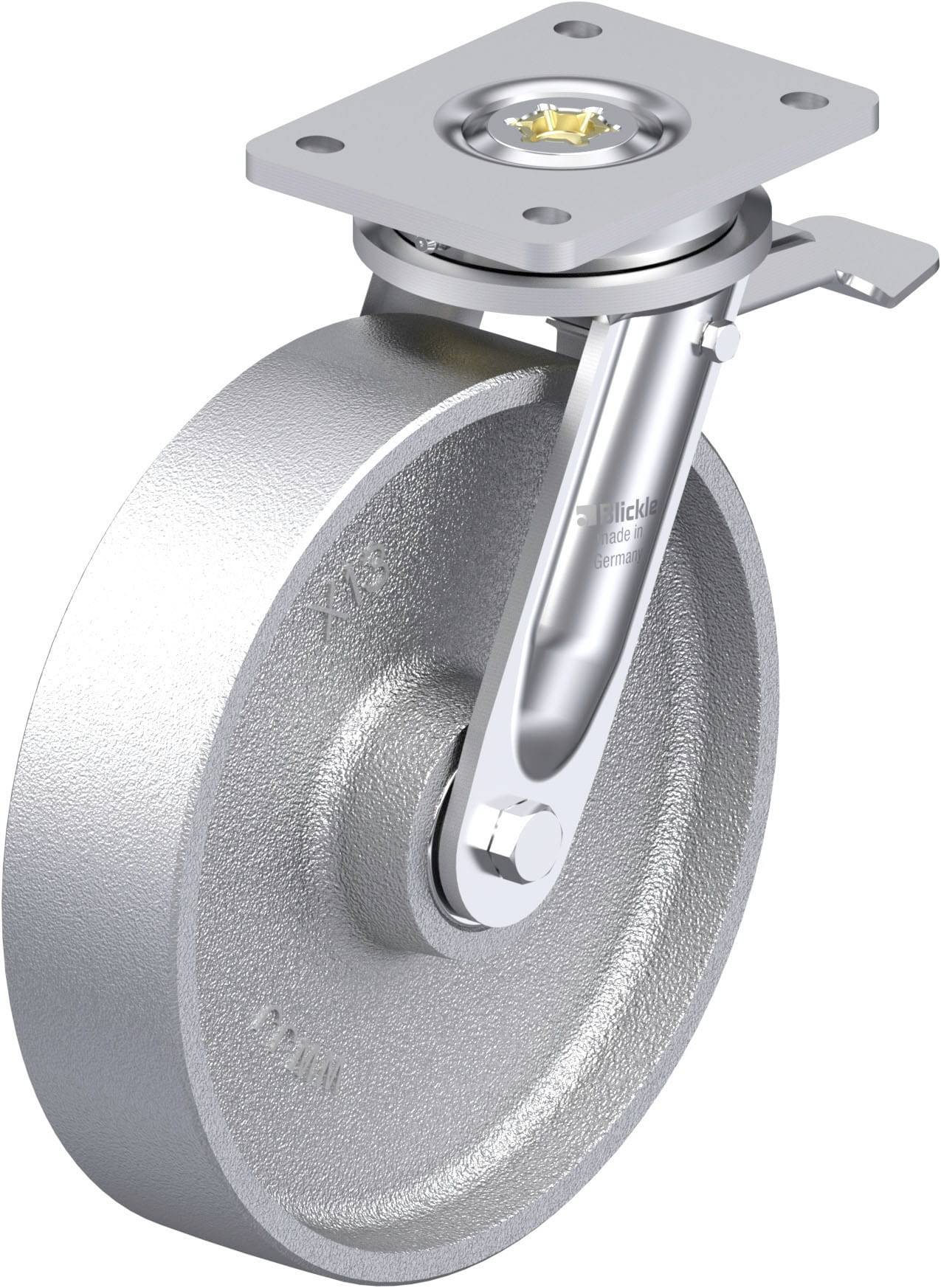 Industrie-Lenkrolle aus Metall mit Befestigungsplatte und drehbarem Lager, geeignet für schwere Lasten in industriellen Anwendungen.