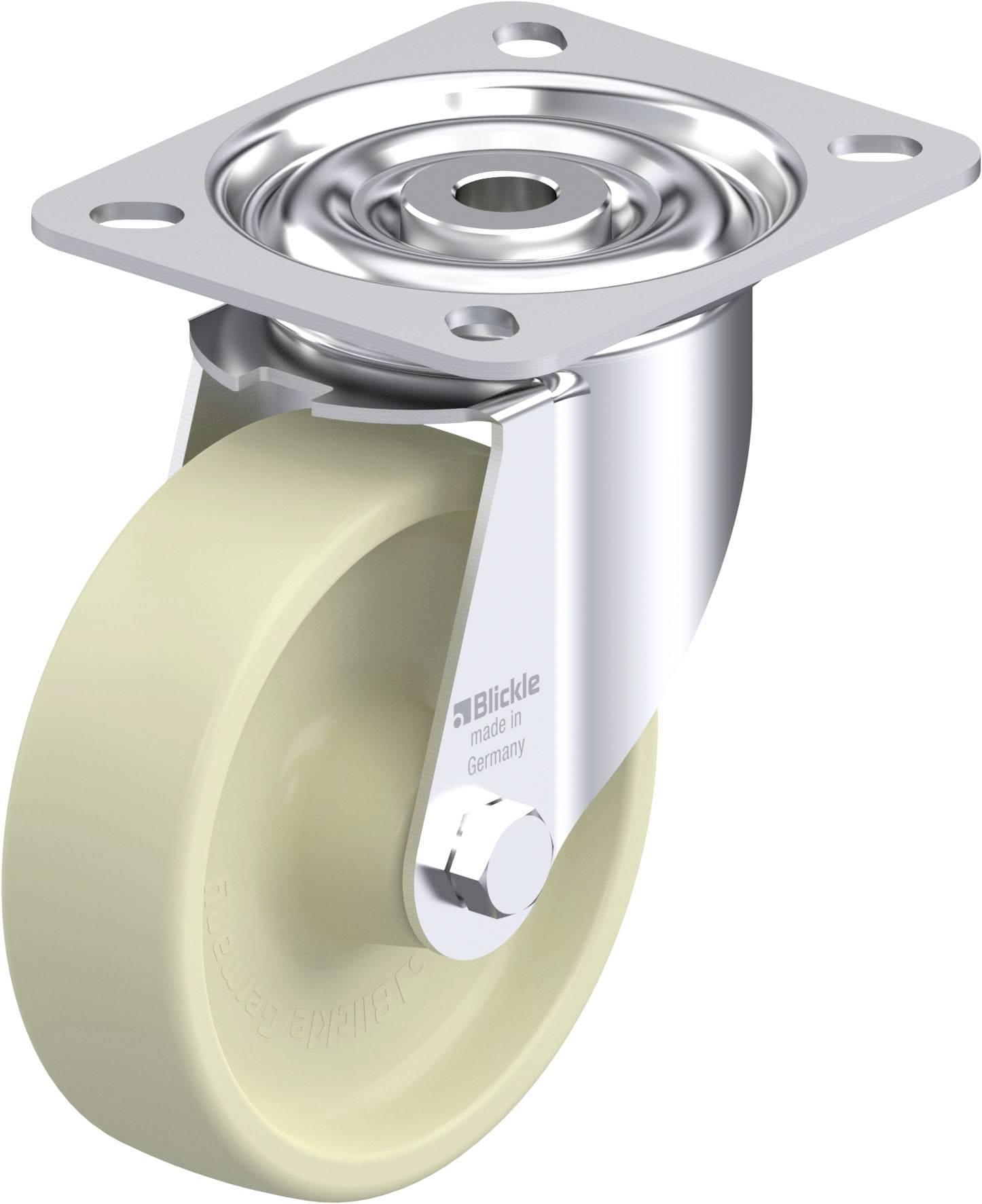 Einzelne Lenkrolle mit Metallgehäuse und beiger Gummibereifung, Befestigungsplatte oben zur Montage an Möbeln oder Geräten.