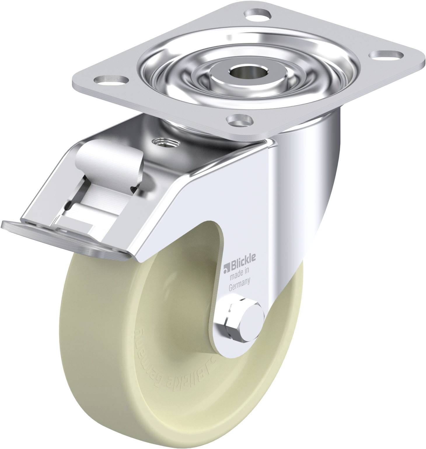 Schwenkrolle mit Bremse, Metallkonstruktion, beigefarbene Kunststoffrad, geeignet für Möbel oder Transportwagen.