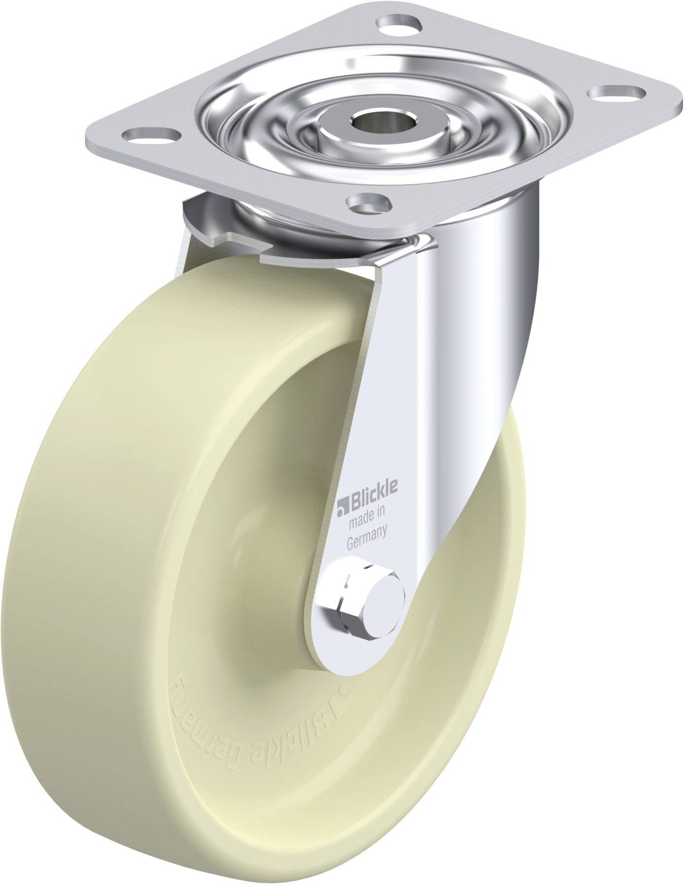 Lenkrolle mit cremefarbenem Rad und silbernem Metallgehäuse, geeignet für den Einsatz an mobilen Geräten oder Möbelstücken.