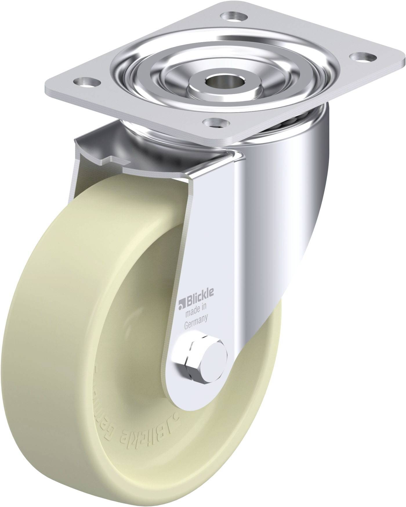 Eine robuste Lenkrolle aus Metall mit einer cremefarbenen Kunststofflippe, geeignet für schwere Lasten und industrielle Anwendungen.