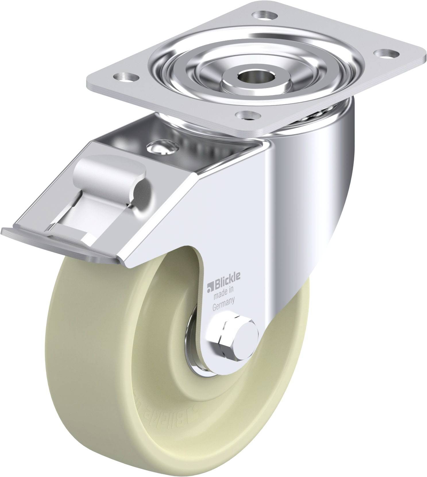 Drehbares Rollenrad mit Metallhalterung, geeignet für Möbel oder Geräte. Beige Rad und glänzende Halterung.